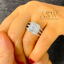 Load image into Gallery viewer, 14k solid heavy white gold princess and round cut simulated diamond engagement ring art deco triple shank style halo 4.00ct