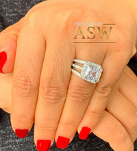 Load image into Gallery viewer, 14k solid heavy white gold princess and round cut simulated diamond engagement ring art deco triple shank style halo 4.00ct