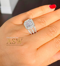 Load image into Gallery viewer, 14k solid heavy white gold princess and round cut simulated diamond engagement ring art deco triple shank style halo 4.00ct