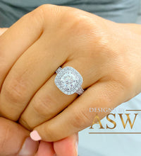 Load image into Gallery viewer, Heavy 14k Solid White Gold Cushion Cut Simulated Diamond Engagement Ring And Band Double Halo Deco Bridal Wedding 2.50ctw