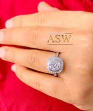 Load image into Gallery viewer, LARGE 14k Solid White Gold Cushion And Round Cut Simulated Diamond Engagement Ring Bezel Bridal Wedding Halo 3.00ctw Propose Promise Legacy
