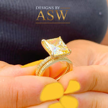 Load image into Gallery viewer, ELEGANT 14K Solid Yellow Gold Radiant Cut Fancy Yellow Simulated Diamond Engagement Ring And Band Prong Set round cut sides 5.00ctw