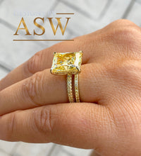 Load image into Gallery viewer, ELEGANT 14K Solid Yellow Gold Radiant Cut Fancy Yellow Simulated Diamond Engagement Ring And Band Prong Set round cut sides 5.00ctw
