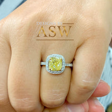 Load image into Gallery viewer, 2.75 Carats 14k Solid White Gold Cushion Cut Simulated Fancy Yellow Diamond and simulated Diamonds Engagement Ring Halo