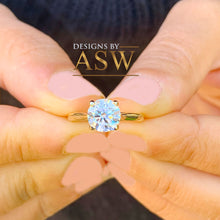 Load image into Gallery viewer, 14K Solid Yellow Gold Round Cut Forever One Moissanite Engagement Ring Four prong Cathedral setting, Solitaire 1.20ctw