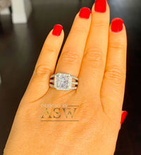 Load image into Gallery viewer, 14k solid heavy white gold princess and round cut simulated diamond engagement ring art deco triple shank style halo 4.00ct