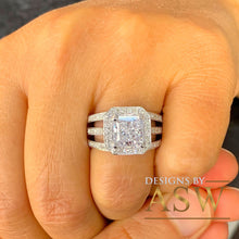 Load image into Gallery viewer, 14k solid heavy white gold princess and round cut simulated diamond engagement ring art deco triple shank style halo 4.00ct