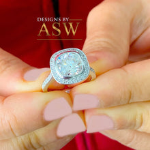 Load image into Gallery viewer, LARGE 14k Solid White Gold Cushion And Round Cut Simulated Diamond Engagement Ring Bezel Bridal Wedding Halo 3.00ctw Propose Promise Legacy