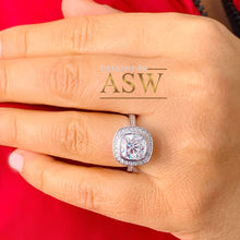 Load image into Gallery viewer, LARGE 14k Solid White Gold Cushion And Round Cut Simulated Diamond Engagement Ring Bezel Bridal Wedding Halo 3.00ctw Propose Promise Legacy
