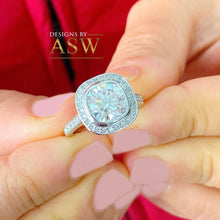 Load image into Gallery viewer, LARGE 14k Solid White Gold Cushion And Round Cut Simulated Diamond Engagement Ring Bezel Bridal Wedding Halo 3.00ctw Propose Promise Legacy