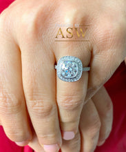 Load image into Gallery viewer, LARGE 14k Solid White Gold Cushion And Round Cut Simulated Diamond Engagement Ring Bezel Bridal Wedding Halo 3.00ctw Propose Promise Legacy