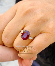 Load image into Gallery viewer, 14k Solid Yellow Gold Oval Cut Ruby And Pear Cut Simulated Diamonds Deco Design Ring Bridal Wedding 5.00ctw Three Stone Style