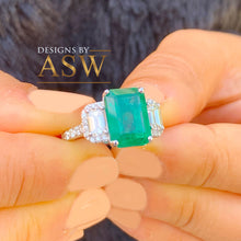 Load image into Gallery viewer, Big 14k solid white gold green emerald and round and emerald cut simulated diamond engagement ring bridal, wedding, promise 5.50ctw