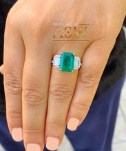 Load image into Gallery viewer, Big 14k solid white gold green emerald and round and emerald cut simulated diamond engagement ring bridal, wedding, promise 5.50ctw
