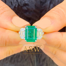 Load image into Gallery viewer, Big 14k solid white gold green emerald and round and emerald cut simulated diamond engagement ring bridal, wedding, promise 5.50ctw