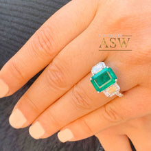 Load image into Gallery viewer, Big 14k solid white gold green emerald and round and emerald cut simulated diamond engagement ring bridal, wedding, promise 5.50ctw