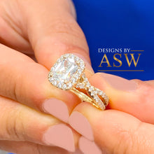 Load image into Gallery viewer, 14k Solid Yellow Gold Cushion Cut Moissanite and Round Cut Natural Diamond Engagement Ring Halo Bridal Set 2.40ct