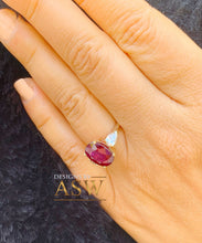 Load image into Gallery viewer, 14k Solid Yellow Gold Oval Cut Ruby And Pear Cut Simulated Diamonds Deco Design Ring Bridal Wedding 5.00ctw Three Stone Style