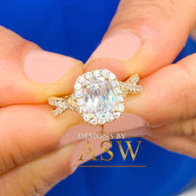 Load image into Gallery viewer, 14k Solid Yellow Gold Cushion Cut Moissanite and Round Cut Natural Diamond Engagement Ring Halo Bridal Set 2.40ct