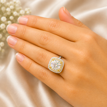 Load image into Gallery viewer, Cushion Cut And Round Cut Moissanite Engagement Ring Set Double Halo Wedding Bridal Set 14K Solid White and Yellow Gold 6.50ctw
