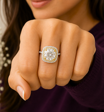 Load image into Gallery viewer, Cushion Cut And Round Cut Moissanite Engagement Ring Set Double Halo Wedding Bridal Set 14K Solid White and Yellow Gold 6.50ctw
