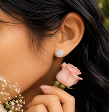 Load image into Gallery viewer, Round Cut Simulated Diamonds Studs Earrings Screw Backs Prong Set Halo Style In 14k Solid White Gold Gift For Her 1.40ctw
