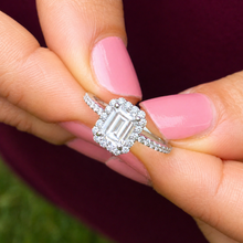 Load image into Gallery viewer, Emerald Cut And Round Cut Sides Simulated Diamonds Engagement Ring Set Halo Wedding Ring Minimalist Bridal Ring 14K Solid White Gold 1.50ctw
