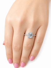 Load image into Gallery viewer, Emerald Cut And Round Cut Sides Simulated Diamonds Engagement Ring Set Halo Wedding Ring Minimalist Bridal Ring 14K Solid White Gold 1.50ctw
