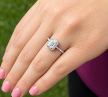 Load image into Gallery viewer, Emerald Cut And Round Cut Sides Simulated Diamonds Engagement Ring Set Halo Wedding Ring Minimalist Bridal Ring 14K Solid White Gold 1.50ctw
