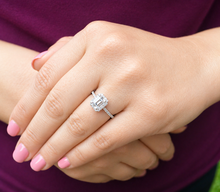 Load image into Gallery viewer, Emerald Cut And Round Cut Sides Simulated Diamonds Engagement Ring Set Halo Wedding Ring Minimalist Bridal Ring 14K Solid White Gold 1.50ctw
