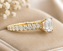 Load image into Gallery viewer, Asscher Cut and Round Cut Three Sides Diamond Engagement Ring Prong Set Wedding Bridal Ring IGI Certified 14K Solid Yellow Gold 3.00ctw
