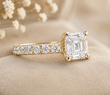 Load image into Gallery viewer, Asscher Cut and Round Cut Three Sides Diamond Engagement Ring Prong Set Wedding Bridal Ring IGI Certified 14K Solid Yellow Gold 3.00ctw
