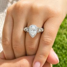 Load image into Gallery viewer, Pear Shape Moissanite And Round Cut Sides Engagement Ring In 14k Solid White Gold Wedding Ring Antique style Bridal Ring Halo Style 2.20ctw
