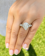 Load image into Gallery viewer, Pear Shape Moissanite And Round Cut Sides Engagement Ring In 14k Solid White Gold Wedding Ring Antique style Bridal Ring Halo Style 2.20ctw
