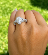 Load image into Gallery viewer, Pear Shape Moissanite And Round Cut Sides Engagement Ring In 14k Solid White Gold Wedding Ring Antique style Bridal Ring Halo Style 2.20ctw
