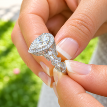 Load image into Gallery viewer, Pear Shape Moissanite And Round Cut Sides Engagement Ring In 14k Solid White Gold Wedding Ring Antique style Bridal Ring Halo Style 2.20ctw
