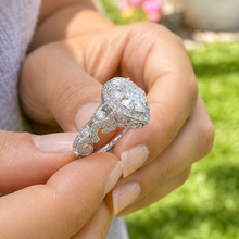 Load image into Gallery viewer, Pear Shape Moissanite And Round Cut Sides Engagement Ring In 14k Solid White Gold Wedding Ring Antique style Bridal Ring Halo Style 2.20ctw

