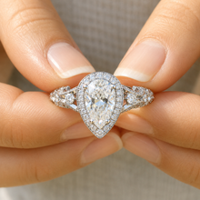 Load image into Gallery viewer, Pear Shape Moissanite And Round Cut Sides Engagement Ring In 14k Solid White Gold Wedding Ring Antique style Bridal Ring Halo Style 2.20ctw
