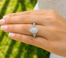 Load image into Gallery viewer, Pear Shape Moissanite And Round Cut Sides Engagement Ring In 14k Solid White Gold Wedding Ring Antique style Bridal Ring Halo Style 2.20ctw
