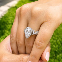 Load image into Gallery viewer, Pear Shape Moissanite And Round Cut Sides Engagement Ring In 14k Solid White Gold Wedding Ring Antique style Bridal Ring Halo Style 2.20ctw
