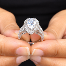 Load image into Gallery viewer, Pear Shape And Round Cut Sides Moissanites Engagement Ring Halo Filigree Motif Design Wedding Ring 14K Solid And Heavy White Gold 3.50ctw
