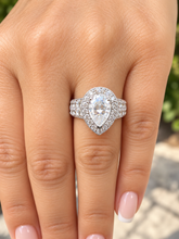 Load image into Gallery viewer, Pear Shape And Round Cut Sides Moissanites Engagement Ring Halo Filigree Motif Design Wedding Ring 14K Solid And Heavy White Gold 3.50ctw
