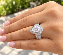 Load image into Gallery viewer, Pear Shape And Round Cut Sides Moissanites Engagement Ring Halo Filigree Motif Design Wedding Ring 14K Solid And Heavy White Gold 3.50ctw
