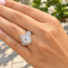 Load image into Gallery viewer, Pear Shape And Round Cut Sides Moissanites Engagement Ring Halo Filigree Motif Design Wedding Ring 14K Solid And Heavy White Gold 3.50ctw

