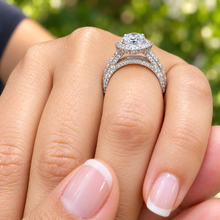 Load image into Gallery viewer, Pear Shape And Round Cut Sides Moissanites Engagement Ring Halo Filigree Motif Design Wedding Ring 14K Solid And Heavy White Gold 3.50ctw
