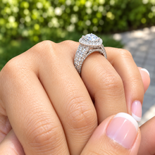 Load image into Gallery viewer, Pear Shape And Round Cut Sides Moissanites Engagement Ring Halo Filigree Motif Design Wedding Ring 14K Solid And Heavy White Gold 3.50ctw
