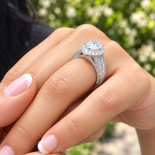 Load image into Gallery viewer, Pear Shape And Round Cut Sides Moissanites Engagement Ring Halo Filigree Motif Design Wedding Ring 14K Solid And Heavy White Gold 3.50ctw
