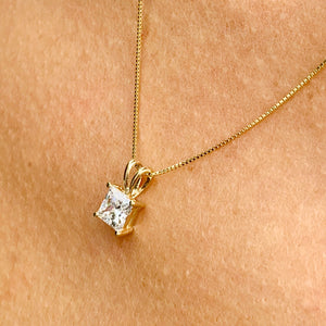 Solitaire Necklace And Chain Necklace Delicate 14k Solid Yellow Gold 1.00ct Princess Cut CVD Diamond Prong Set Mininmalist Dainty Pendant