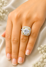 Load image into Gallery viewer, Cushion Cut And Round Cut Moissanite Engagement Ring Set Double Halo Wedding Bridal Set 14K Solid White and Yellow Gold 6.50ctw
