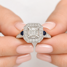 Load image into Gallery viewer, Asscher Cut and Round Cut Sides Simulated Diamonds and Sapphires Engagement Ring Halo Wedding Ring Bridal Ring 14K Solid White Gold 2.30ctw
